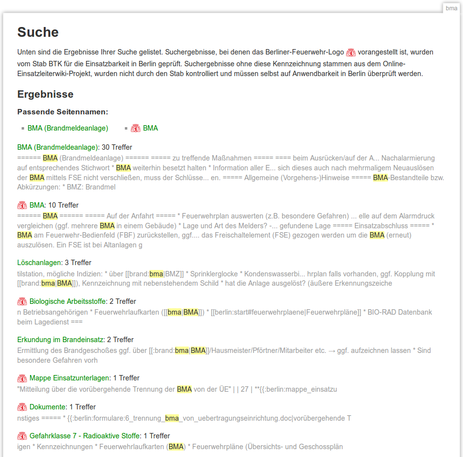 Suchergebnisse, die zum einen auf Inhalte der Berliner Feuerwehr und zum anderen auf Inhalte aus der Internet-Version verweisen.